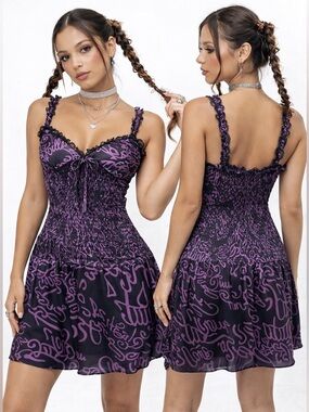 KILLAH Adalire Y2K 100% Silk Babydoll Dress Sundress Graffiti Purple Black S
